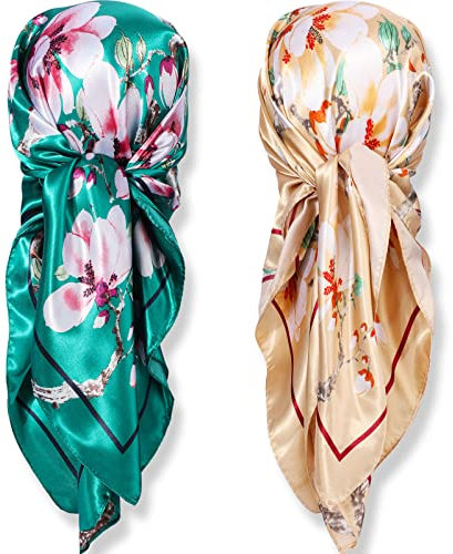 SATINIOR Seidiges Kopftuch, 89,9 cm, 2 Stück, groß, quadratisch, zum Schlafen, Haarwickeln, Satin-Schal für Damen (elegante Farbe, anmutiger Stil), Elegante Farbe., Graceful Style