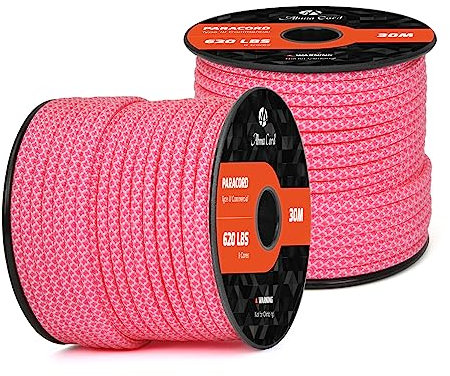 Abma Cord Paracord 620 lbs 4mm 9 Kern-Strängen 100% Nylon 30M - White & Rose Red