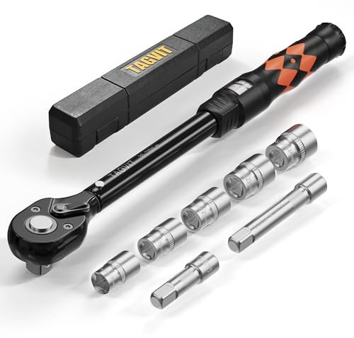 TAGVIT Drehmomentschlüssel 1/2 Zoll, 30-210 Nm Drehmomentschlüssel 8-tlg.Set mit 17mm 19mm 21mm 23mm 24mm Stecknüsse und 75mm/125mm Verlängerung für Motorrad, Auto, LKW