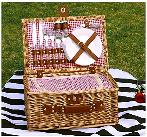 Weiden-Picknickkorb mit großem Fassungsvermögen für 2 Personen, tragbarer Weidenkorb mit Griff, Korb mit Isolierschicht und Deckel, für Outdoor-, Familien-, Camping-Picknick (41,5 x 28 x 20 cm)