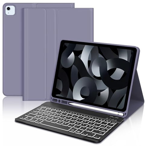 JADEMALL Coque Clavier pour iPad Air 5eme/4eme Generation 10.9 - AZERTY Clavier Bluetooth pour iPad Air 5/4 2022/2020, Clavier Rétro-éclairé Magnétique Détachable, Violet