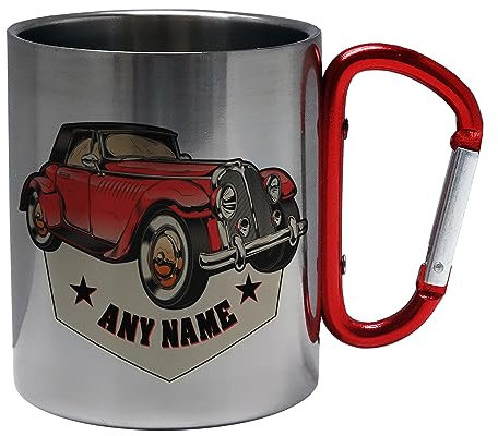 Personalised (Any Name) Retro Vintage Old Car Stainless Steel Mug (Carabiner Handle)