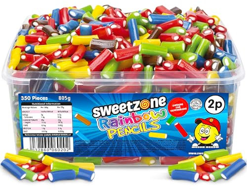 Sweetzone Rainbow Mini Pencils Halal Sweet Tub, 805g 350pcs, Colourful Retro Chewy Candy Sticks, Flavourful Bulk Sweets, American Snacks Gummy, Tubs of Retro Sweets for All Occasions and Parties