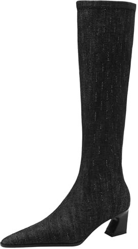 Onewus Fashion Denim Stivali alti al ginocchio con pizzo e tacchi conici da donna, Nero , 39 EU