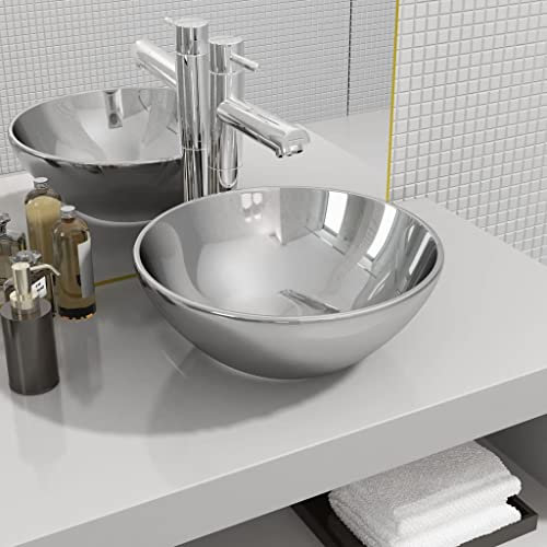 ZEYUAN Waschbecken 32,5 x 14 cm Keramik Silbern, Aufsatzwaschbecken, Bathroom Sink, Waschtisch, Aufsatzbecken, Ablaufgarnitur - 143483