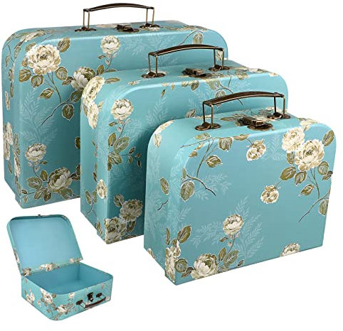 RORPOIR 3 Pcs Floral Print Cardboard Suitcases with Metal Handles Decorative Storage Boxes for Crafts and Moving Stackable Paperboard Storage Containers