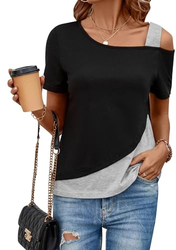 ZASFOU Donna Magliette Top Estive Camicia Elegante Manica Corta T Shirt Spalle Scoperte Tunica Blusa Camicetta