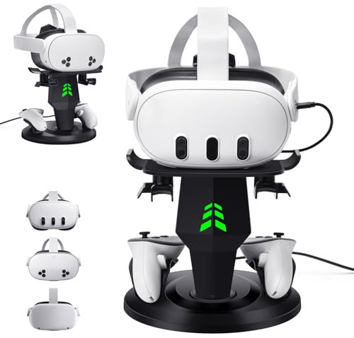 Lampelc Headset Charging Dock, VR Display Stand for Quest 3, Quest 3S, Quest 2, Rift, Rift S, Valve Index Headset, Controllers and VR Accessories, with LED Lights, Type C Charging Port