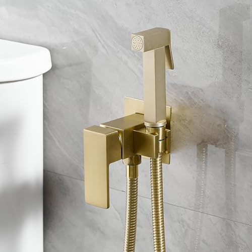 Bathfinesse Wall Mounted Bidet Sprayer Set for Toilet with Hot & Cold Water | Warm Water Bidet Sprayer Faucet,Brass Valve,Handheld Bidet Attachment Set for Bathing Pets and Feminine Hygiene,Brushed Gold