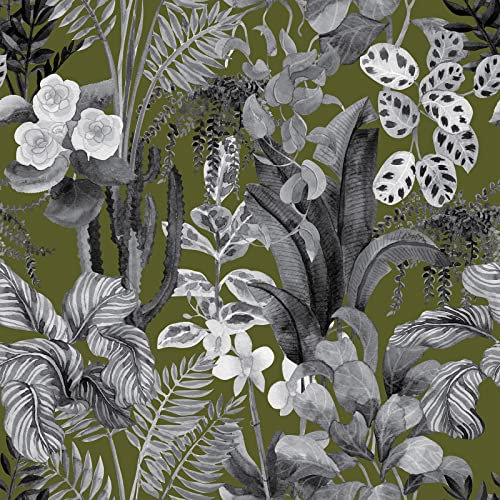 VEELIKE Papier Peint Fleur Gris Papier Peint Fleuri Vintage Papier Peint Feuillage Gris Papier Peint Tropical Gris Vert Papier Peint Adhesif Mural Chambre Salle de Bain Armoire Salon 44,5 cm × 300 cm