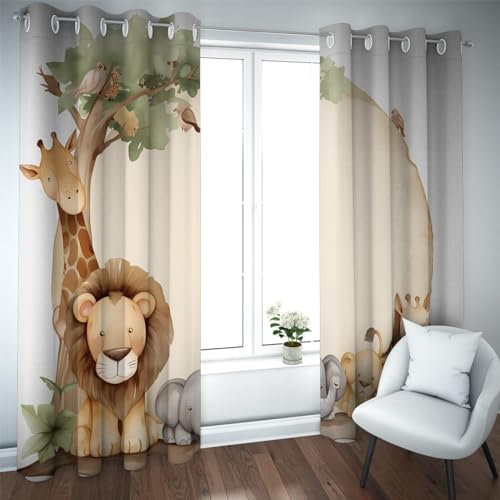 Deertweet Home Niedliche Zoo Tier Kinder Vorhänge Bäume Giraffe Löwe Elefant Vögel Bär Druck Fenstervorhänge für Jungen Mädchen Kinderzimmer Schlafzimmer Spielzimmer 2 Paneele H114xB96