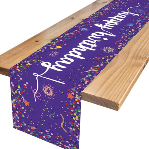 ALEGRE® Happy Birthday Tischläufer Geburtstag Lila, Tischdecke Geburtstag Mädchen Jungen, Happy Birthday Tischdecke Tisch Deko, Tischdekoration für Frauen Männer Geburtstag Party Dekoration (33×183cm)