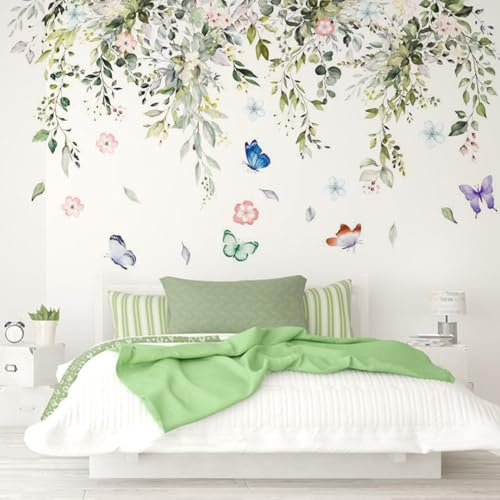 Wall Decal Hanging Green Wall Stickers for Bedrooms, Hanging Vine Plant Butterflies Peel and Stick Wall Art Stickers, Green Leaves Bedroom Accessories, Tree Wallpaper Murals for Living Room
