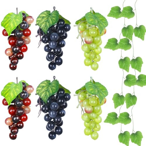 Pamtns 7 Pièces Décorations de Raisin Artificiels Réalistes Simulé Raisin Grappe de Raisin en Plastique Décoratifs Raisin Brochettes de Raisin en Plastique et Feuilles de Vigne Décoration de Jardin