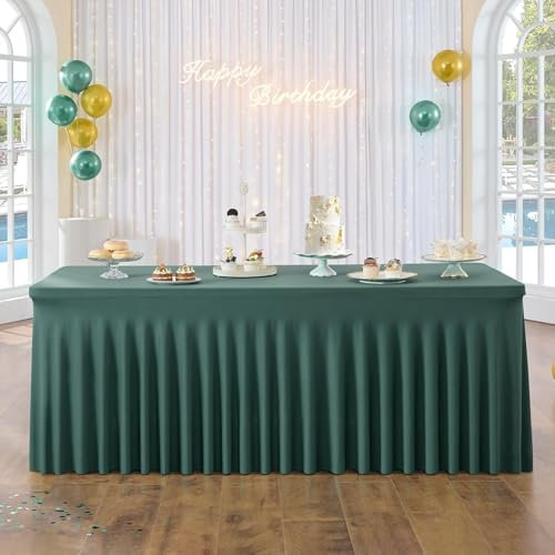 1-Pack Hunter Green Rechteckige Spandex Tischdecke 1,8m Mit Rock, Faltenfreie Stretch Fitted Tischtuch für 1.8m Rechteckig Tisch, Elastische Rüschen Tischröcke für Bankett Party Hochzeit Geburtstag