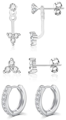 AVYRING 3 Paare Sterling Silber Stecker Ohrringe für Damen, Dreieckige Diamant Ohrringe Stacks Zierliche Kleine Stecker Huggie Hoop Ohrringe Set für Mehrere Piercings