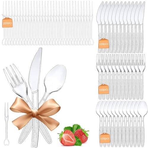 Clear Reusable Cutlery Set, 500 Pcs Heavy Duty Clear Cutlery Set, 100 Forks+100 Knives+100 Spoons+200 Fruit Forks Strong for All Occasion Birthday Parties Weddings Camping (Transparent)