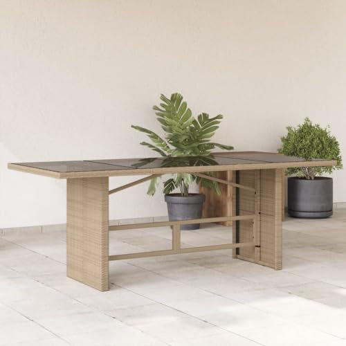 Tidyard Table de Jardin avec Dessus en Verre Beige résine tressée, Table à Dîner d'extérieur, Table à Manger pour Terrasse, Balcon, Intérieur et Extérieur, Camping