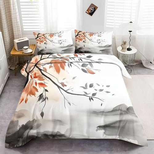 Bettbezug mit Chinesische Feng Shui-Malerei Print Weiß Bettwäsche Set 3D Druck Microfaser Bettbezug und Kissenbezug 80x80cm mit Reißverschluss