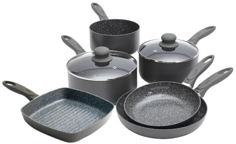 Durastone Grey Non-Stick Cookware Set - Induction & All Hob Compatible with Glass Lids (6 Piece Pan Set Including Grill Pan, x3 Saucepans and x2 Frying Pans)