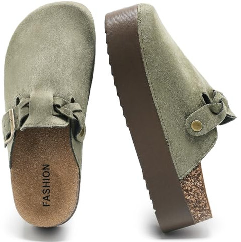 Clogs Plateau Donna con Fibbia Regolabile, Pantofole con Zeppa in Pelle e Plantare in Sughero Morbido, Sandali in Pelle Scamosciata Punta Chiusa, Pantofole Suola Spessa