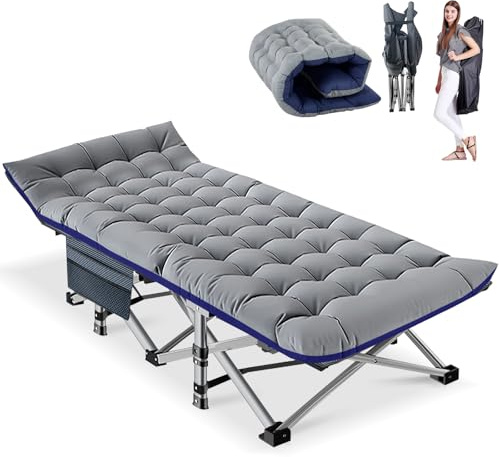 Obqer Folding Camp Bed with Mattress and Side Pocket, 28 Extra Wide 200kg Heavy Duty Camping Cot, Steel Frame and Oxford Cloth Guest Bed, 75x28x15 Inches, Camp Beds for Adults Garden Travel