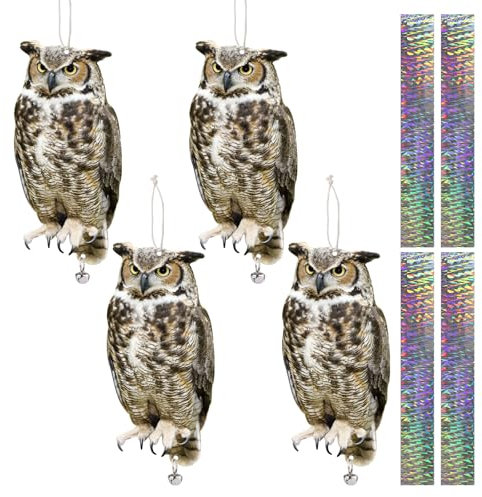 Repulsif Pigeon Anti Pigeons Pour Balcon, Effaroucheur Oiseaux Plat Faux Hibou Effaroucheur, 4 Pièces Répulsif Oiseaux Exterieur, Eloigner Les Oiseaux Jardin, Oiseaux avec Bande Réfléchissante