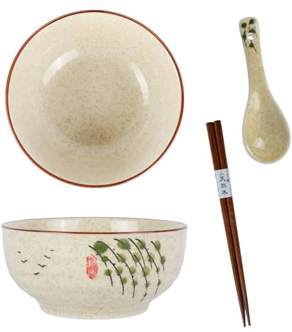Japanische Ramen Keramikschüssel Set mit Essstäbchen und Löffel 580ml Große Suppen Nudel Udon Salatschüsseln für Ramen Liebhaber