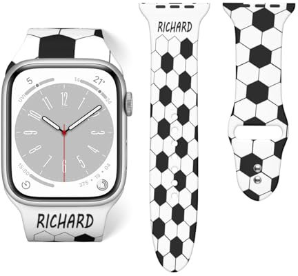 Personalised Football Watch Band Compatible with Apple Watch Series for Women Men, Soft Silicone Sports Strap Name Replacement for iWatch 38mm 40mm 41mm 42mm 44mm 45mm 46mm 49mm