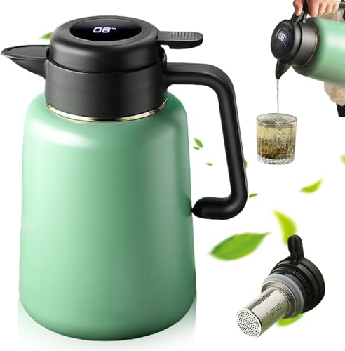 Thermoskanne mit Teesieb, 1,8L Isolierkanne mit Temperaturanzeige, 316 Edelstahl Thermokanne Thermo, Teekanne Kaffee Warmhaltekanne Tee Isolierkaraffe Thermokaraffe, Hellgrün
