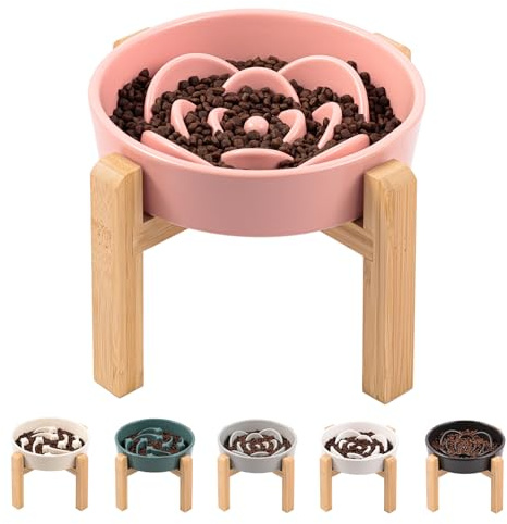 Pink Ceramic Dog Bowl Slow Feeder for Medium and Large Breed,Elevated/Raised 1.5 Cup 8.26 in Slow Feeding Bowl,Puzzle Dog Food Bowl for Fast Eater,Maze Dish for Fast Eater