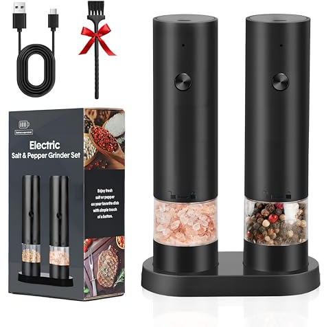 Molinillo Electrico Sal y Pimienta, Salt and Pepper Grinder Set, Molinillo Automático de Especias, Grosor Ajustable y Operación Automática con Una Sola Mano