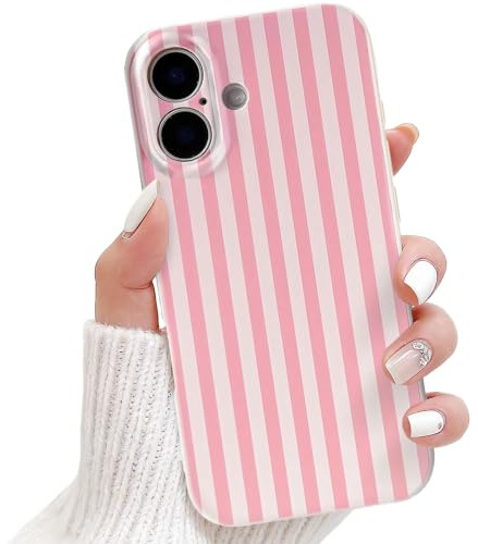 NITITOP Coque pour iPhone 16 Plus Mignonne Été Stripes Rayée Motif, Rose | Esthétique Striped Design, pour Femmes Fille, Fine et Souple TPU, avec Protection de la Caméra, Antichoc Étui