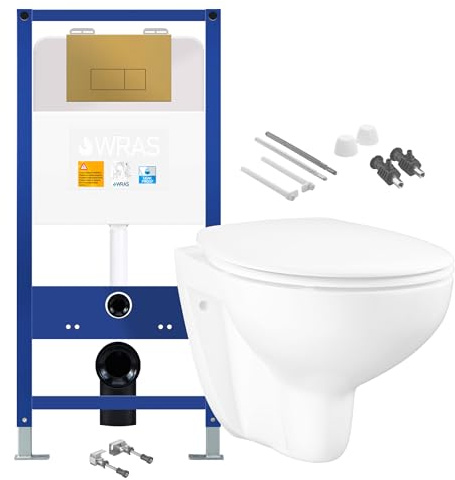 Wall Hung Toilet Pan with Concealed Cistern Fame - Brushed Brass Gold Flush Plate