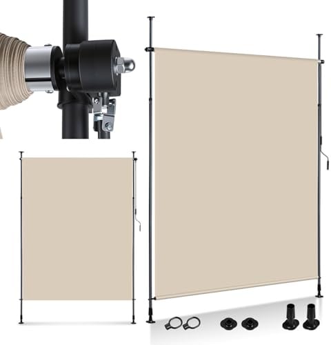 Daromigo Tenda da sole verticale a morsetto esterna con manovella senza foratura, 150 x 305 cm, tenda verticale, protezione visiva e frangivento per balcone, giardino e terrazza, colore beige