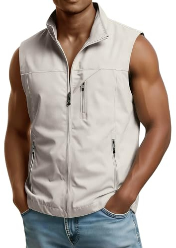 Men's Outdoor Safari Outwear Gilet Sleeveless Mens Gilet Quick Dry Zipped Pockets Waistcoat Tops Durable Full Zip Summer Leisure Hunting Running