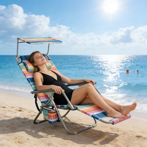 Askelierg Alu-Strandstuhl Klappbar Leicht mit Sonnendach, Strandstuhl mit Rückenriemen, Strandliege Faltbar mit Tragetasche, Leicht Tragbar Atmungsaktives Gewebe für Strand & Pool, Bis150kg