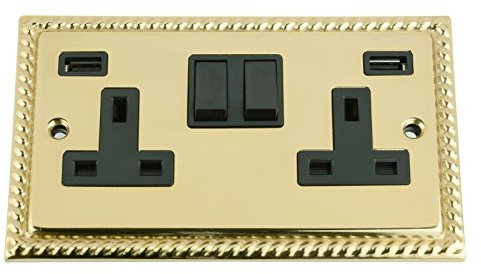 USB Socket 2 Gang - Polished Brass Georgian Black Insert Plastic Rocker Switch (3100mA).