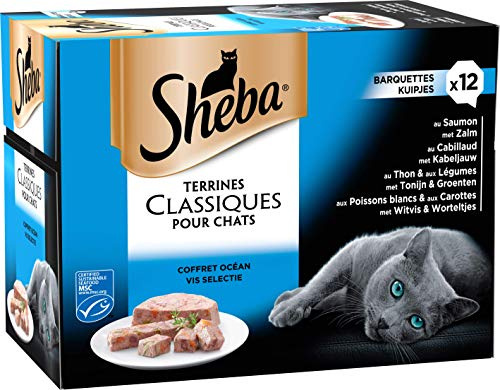 SHEBA Kattmåltid - 72 brickor (set med 6 förpackningar 12 x 85 g) - Terrin kattpasta - vit fisk/tonfisk/lax/torsk - komplett och balanserad mat med naturliga ingredienser