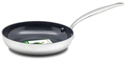 GreenPan Barcelona Evershine Tri-Ply Poêle à frire en Acier Inoxydable et Céramique Renforcée de Diamants Antiadhésive 24 cm, Sans PFAS, Multi Clad, Induction, Four, Lave-vaisselle, Argent