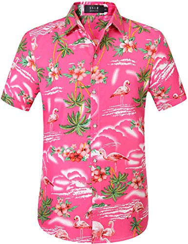 SSLR Chemise Hawaïenne Homme Flamants Fleurs Casual Manche Courte (XX-Large, Rose)