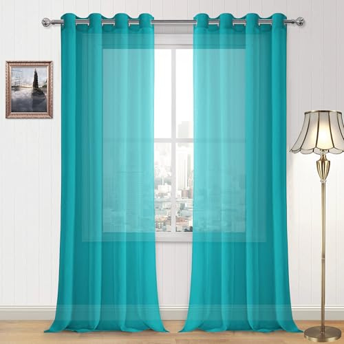 DWCN Vorhänge aus Kunstleinen, durchscheinend, mit Ösen, für Schlafzimmer, Wohnzimmer, 132 x 228 cm lang, Türkis, 2 Stück