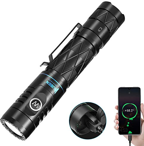 WUBEN E12R LED Taschenlampe, Extrem Hell 1200 Lumen USB Aufladbar Taschenlampen Powerbank-Funktion, IP68 Wasserdicht Taktische Taschenlampe 6 Modi Camping Outdoor Taschenlampe(Schwarz)