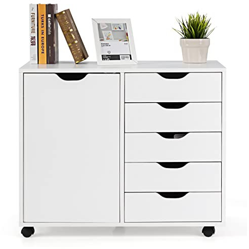 CASART Rolling File Cabinet, 5/7 Drawers Freestanding Storage Organizer Cupboard on Wheels, Home Office Lateral Filing Chest (White, 5 Drawers + 1 Door)
