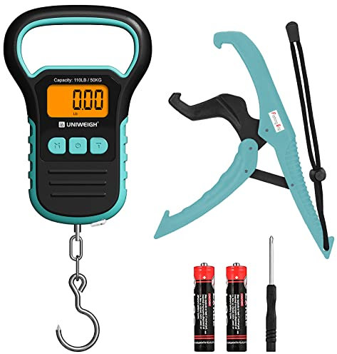 Balance de Pêche Numérique 50kg/110lb avec pince à lèvres, balance à poisson numérique, étanche électronique balance avec Ruban à Mesurer, Pèse Bagage, Sling Balance, 2 Piles AAA incluses - Cyan