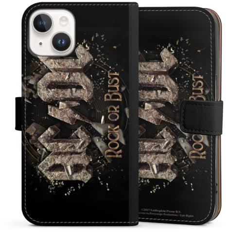 Klapphülle kompatibel mit Apple iPhone 14 Handyhülle aus Kunst Leder schwarz Flip Case ACDC Offizielles Lizenzprodukt Rock or Bust
