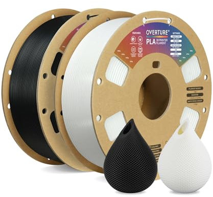 OVERTURE PLA Filament 1.75mm Aufgerüstet, 2kg Spule (4.4lbs), Maßgenauigkeit +/- 0.02mm, für 3D Drucker (Schwarz 1kg+Weiß 1kg)