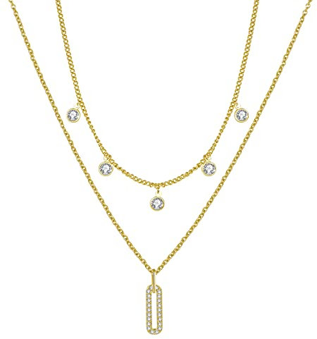 NUZON 3 Layering Necklace for Women 18K Gold Plated Paper Clip Chain Layered Choker Lock Coin Pendant Necklace Multi Strand Jewelry, Gold Plated, Cubic Zirconia