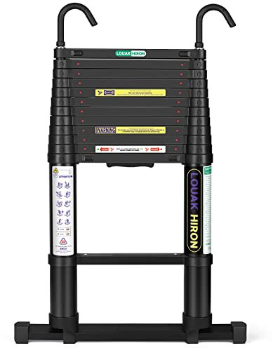 Teleskopleiter, 3,7 m, für Zuhause, Aluminiumverlängerung, Klappleiter mit Haken, Wohnmobil, Dachbodenleiter, 150 kg Kapazität, halbautomatisches Einziehen
