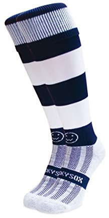 WackySox - Navy Blue and White Hoop Rugby Socks, Sports Socks for Men and Women, Mens Socks, Perfect Socks for Riding, Football, Running, Hockey and other Sports Activities